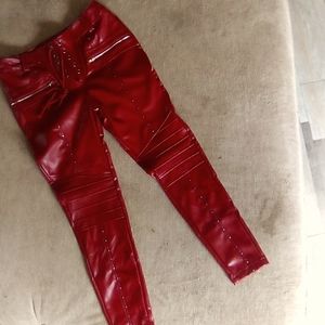 Cherry Red Pleather Studded Pants. Tapered and Laced Waist Sz L
